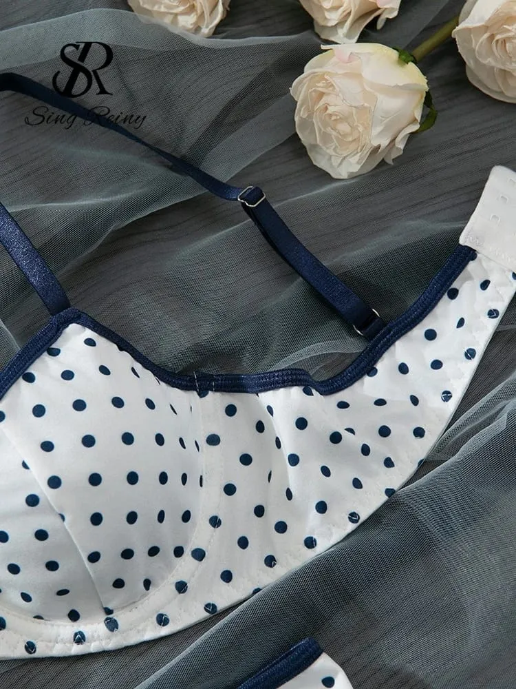 Francouzský puntíkovaný potisk Soupravy spodního prádla Dámské Pásky Kostice Podprsenka+Sladké kalhotky Hotsweet Vintage Spodní prádlo 2ks obleky — image 4