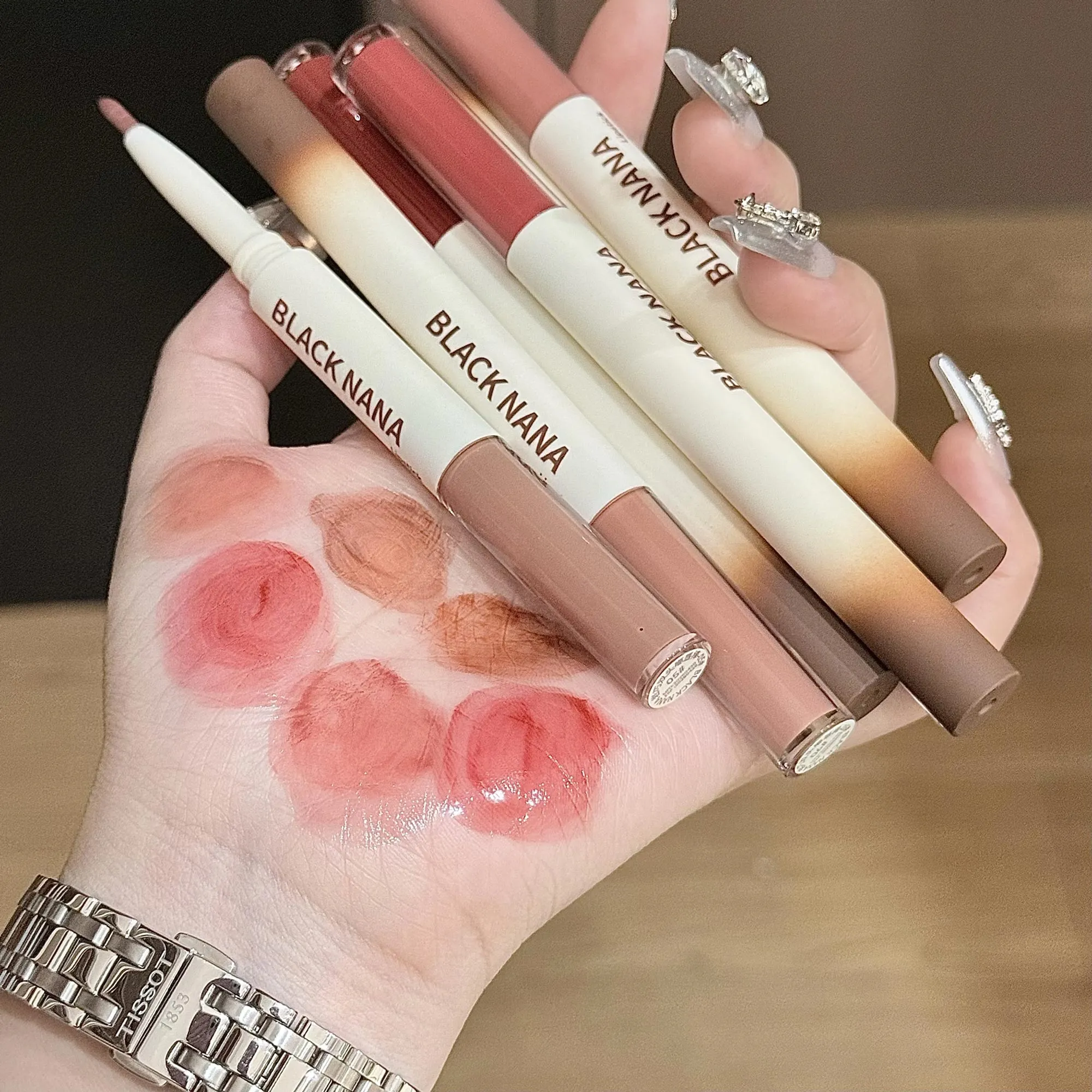 Double Headed Lip Gloss Lipliner Lips Contour Makeup Matte Nude Lip Liner Lava Chocolate Brown Mirror Water Gloss Lip Tint