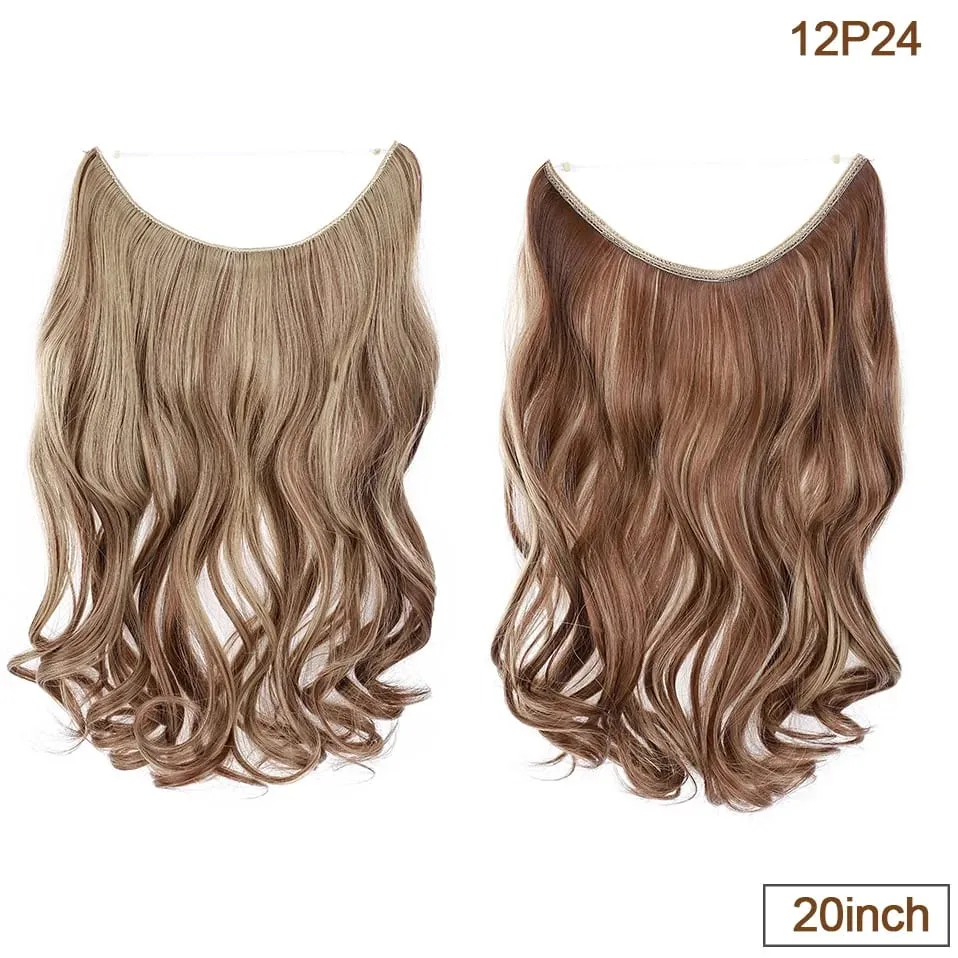 Synthetic Invisible Wire Hair Extensions Transparent Wire AdjustableLong Wavy Curly Secret Hairpiece 20 Inch for Women