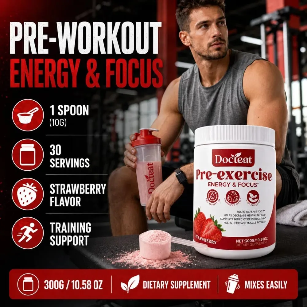 Docteat Pre Workout Powder Strawberry Energy & Focus Support Beta-Alanin L-Citrullin Rhodiola 300 g 30 Portionen Getränkemischung — image 4