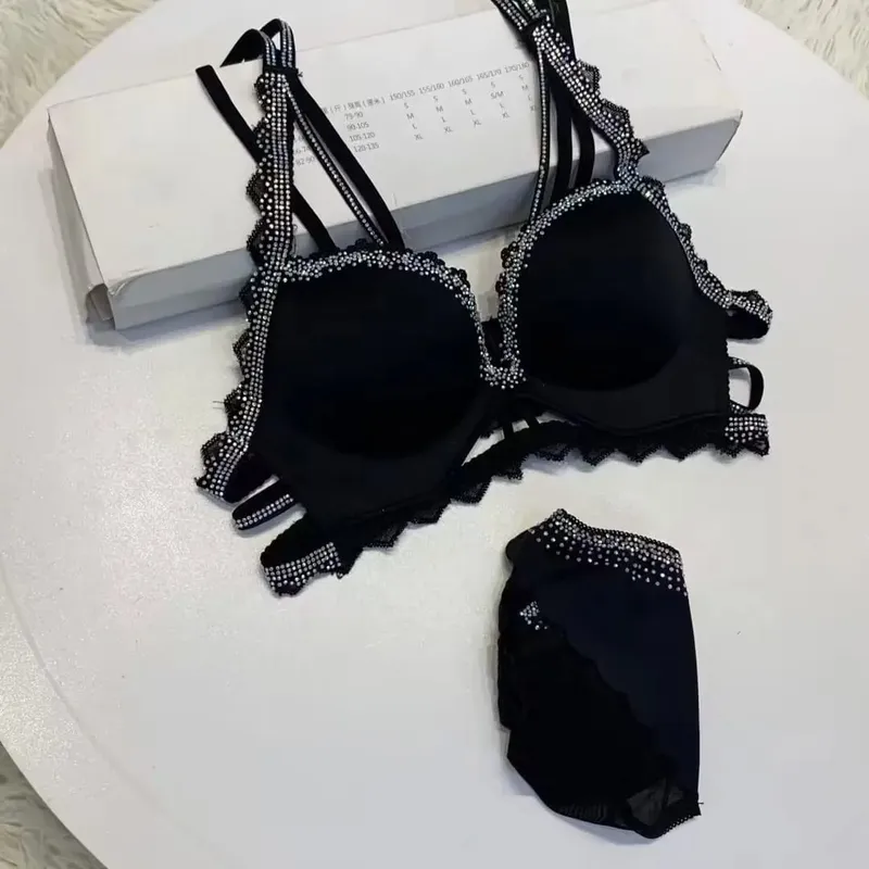 （Bralette For Small Breasts) New Rhinestone Leopard Print Thickened Lingerie Small Breasts Gathering Hollow Out Women's Bra Set