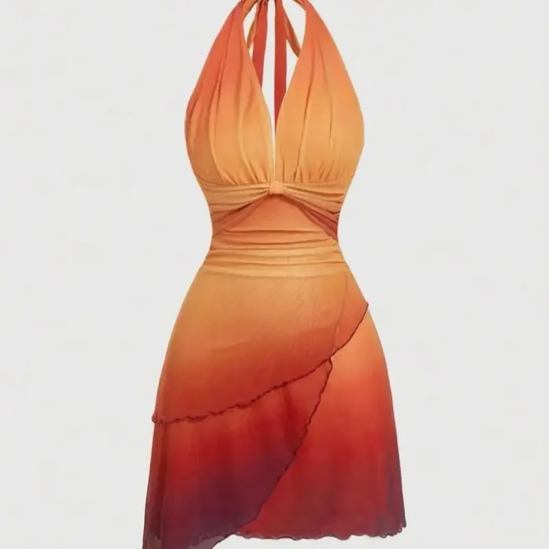 Vestido de alça espaguete assimétrico com gravata borboleta gradiente