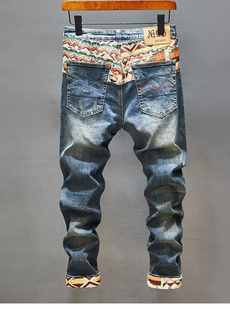 Stitching Embroidered Printed Jeans Men's Cool Smart Street Fashion Design Pattern Slim Fit Feet High-End Washed Trousers — image 9