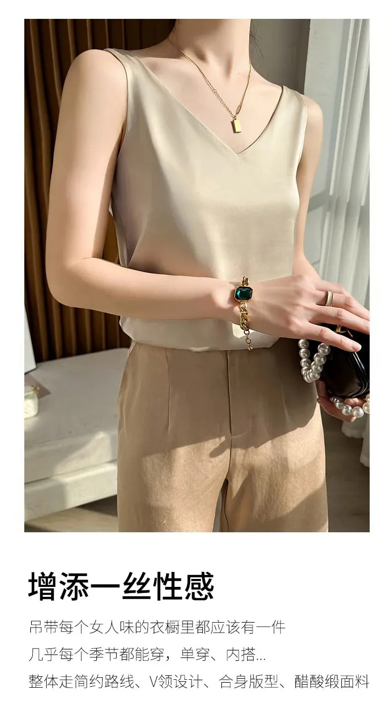 Silk Satin Women Double Shoulder Camisole Tank Top V-neck Sleeveless Top T-shirt Elegant Crop Top Solid Casual Basic 2025 Summer — image 10