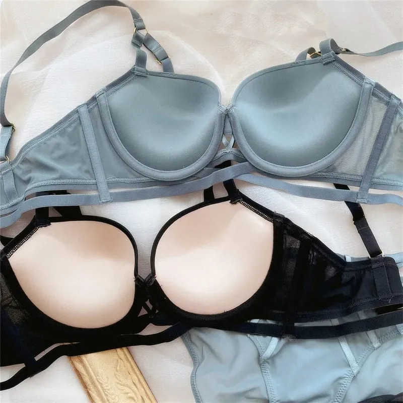 Europe Women Lace Underwear Sexy Hollow Push Up Bra Set Classic Bandage Adjustable Brassiere Cotton Thicken Plus Size Lingerie — image 2