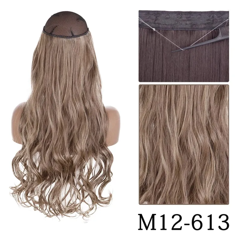 Synthetic No Clip Adjustable Fish Line Hair Extensions Natural Blonde Brown Long Wavy Heat Resiatant Hairpiece For Women