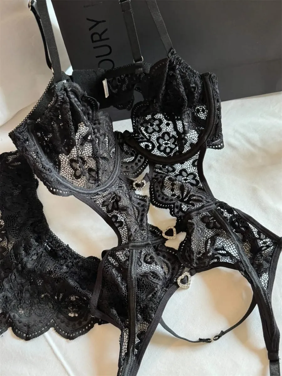 Embroidery flowers gathered cup underwear thin lace women lingerie gathered top support large breasts show small bra set — image 4