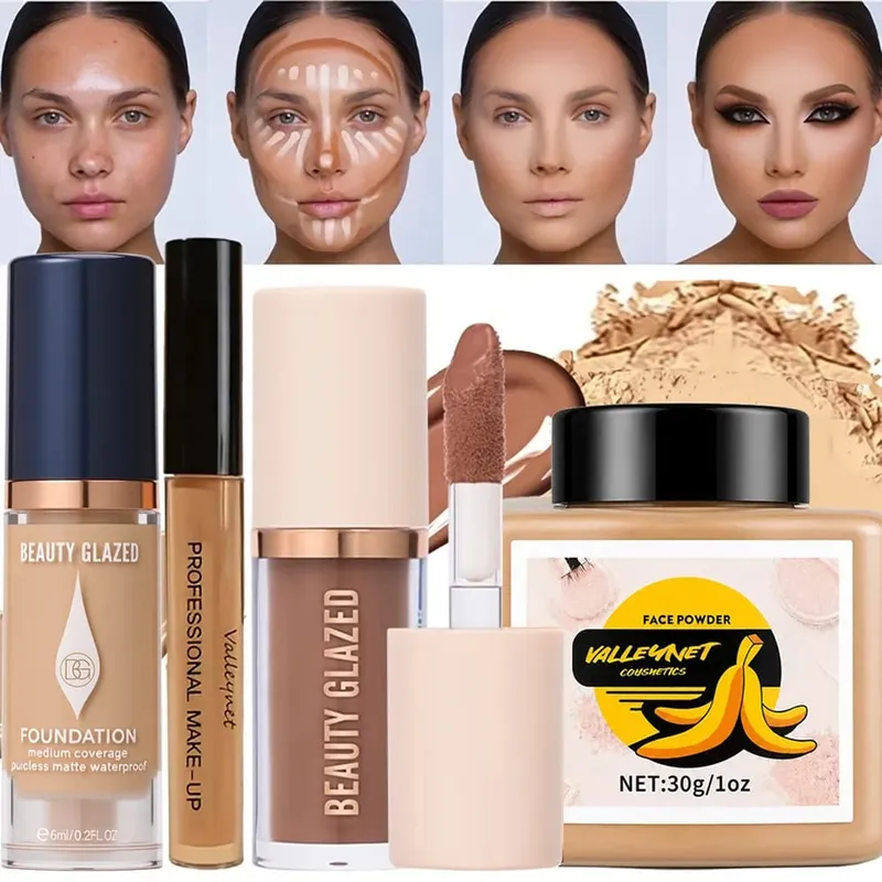 4pcs Face Makeup Set:High-Coverage Concealer Lightweight Foundation 3D Contouring Cream And Oil-Controlling Setting Powder — image 2
