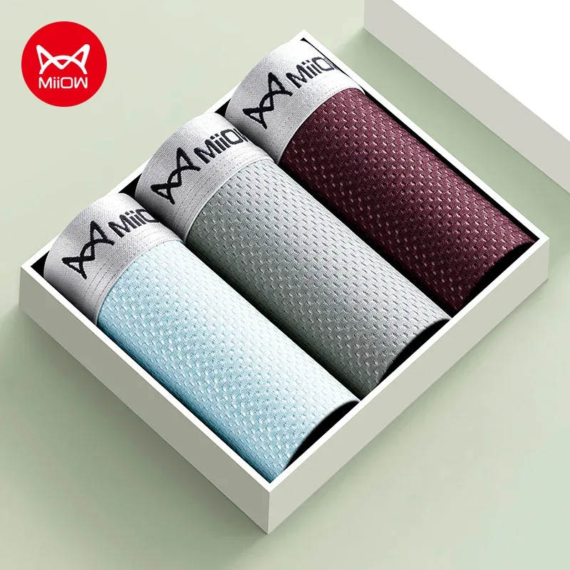 MiiOW 3Pcs Cool Ice Silk Men's Underwear Boxers Breathable Mesh Mens Underpants 7A Antibacterial Crotch Man Panties Boxer Brief