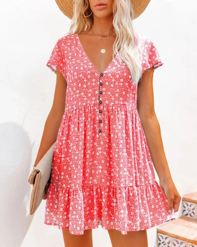 In Europe and the spring and summer independent stand v-neck button small broken flower loose women's leisure dress with short s — image 10