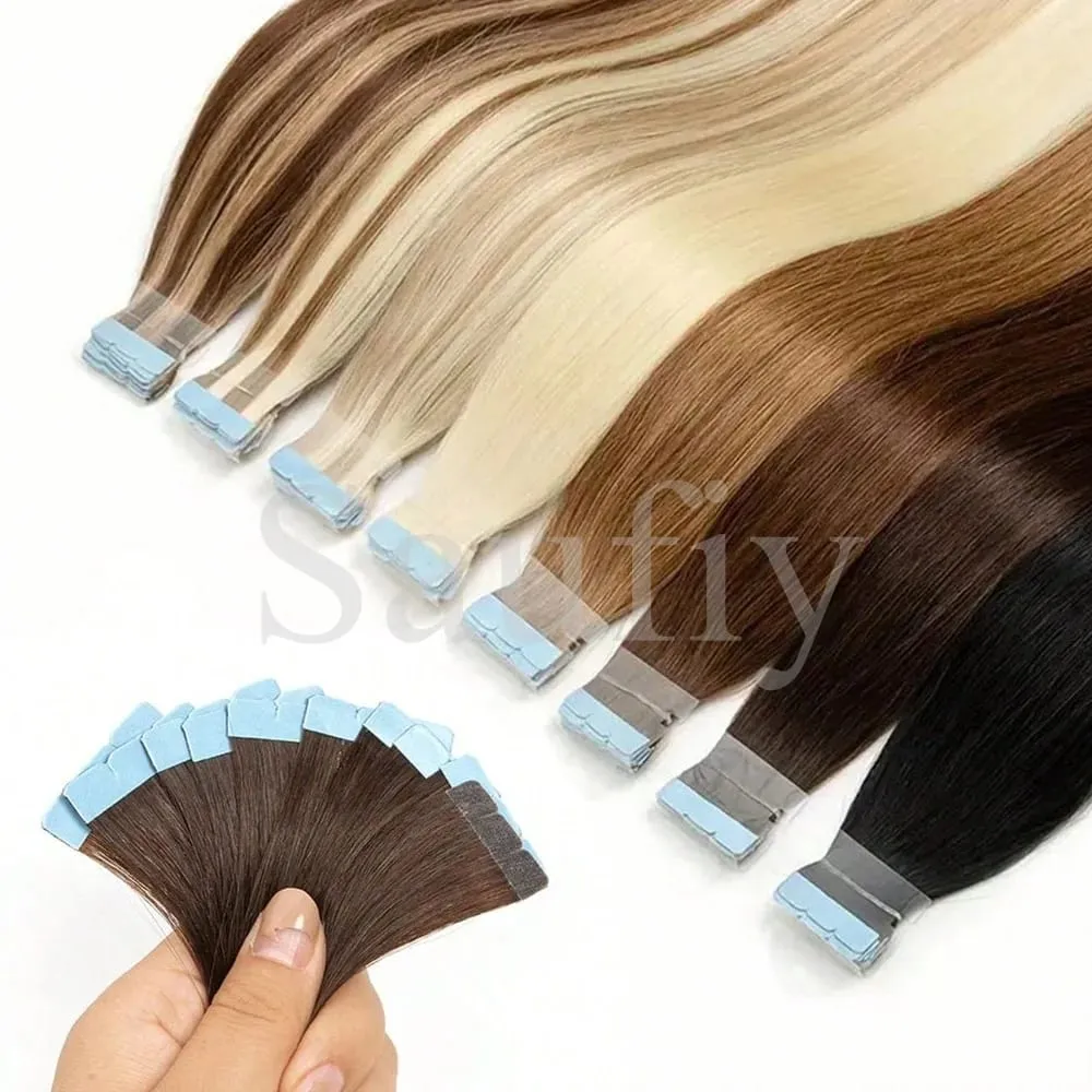 12-20 Zoll Balayge Blonde Mini-Tape-in-Echthaarverlängerungen, doppelseitig, unsichtbar, nahtlos, Tape-Ins-Haar, 10 Stück/Packung, natürlich, gerade, schwarz-blond, Balayge-braun, Mini-Tape-in-Haarverlängerungen