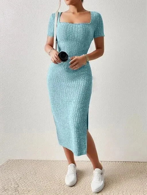 Summer Square Neck Hip-Hugging Mid-Length Skirt Short-Sleeved Versatile Knitted Slit Dress — image 10