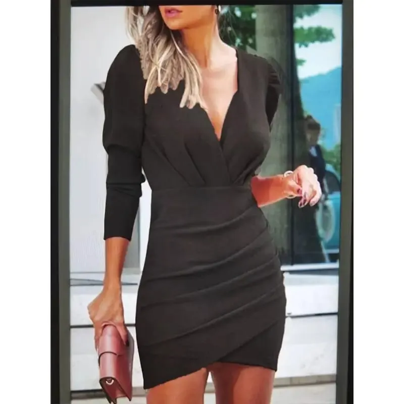 2024 burst waist show thin solid color v-neck long sleeve tight skirt folk wind nightclub dress woman — image 5