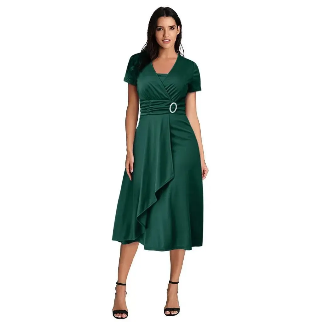 Elegant Women Solid Color Short Sleeve V Neck Asymmetric Hem Waist Tight Midi Party Dress Ladies Evening Vestidos DF4916 — image 6