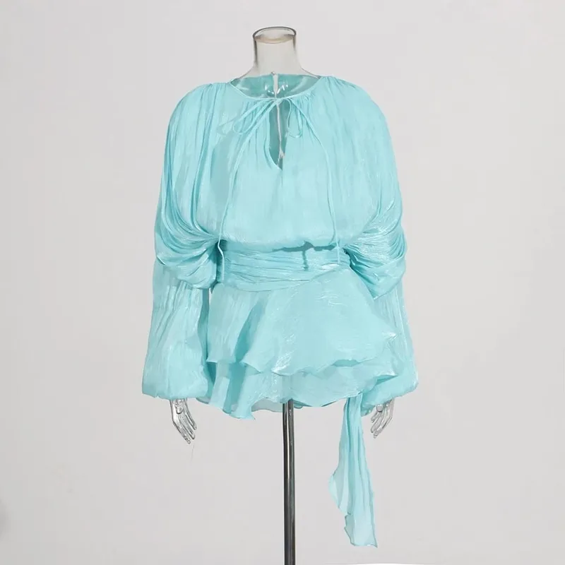 Solid Spliced Lace Up Loose Dresses For Women O Neck Long Sleeve High Waist Temperament Dress Female Fashion New — image 18
