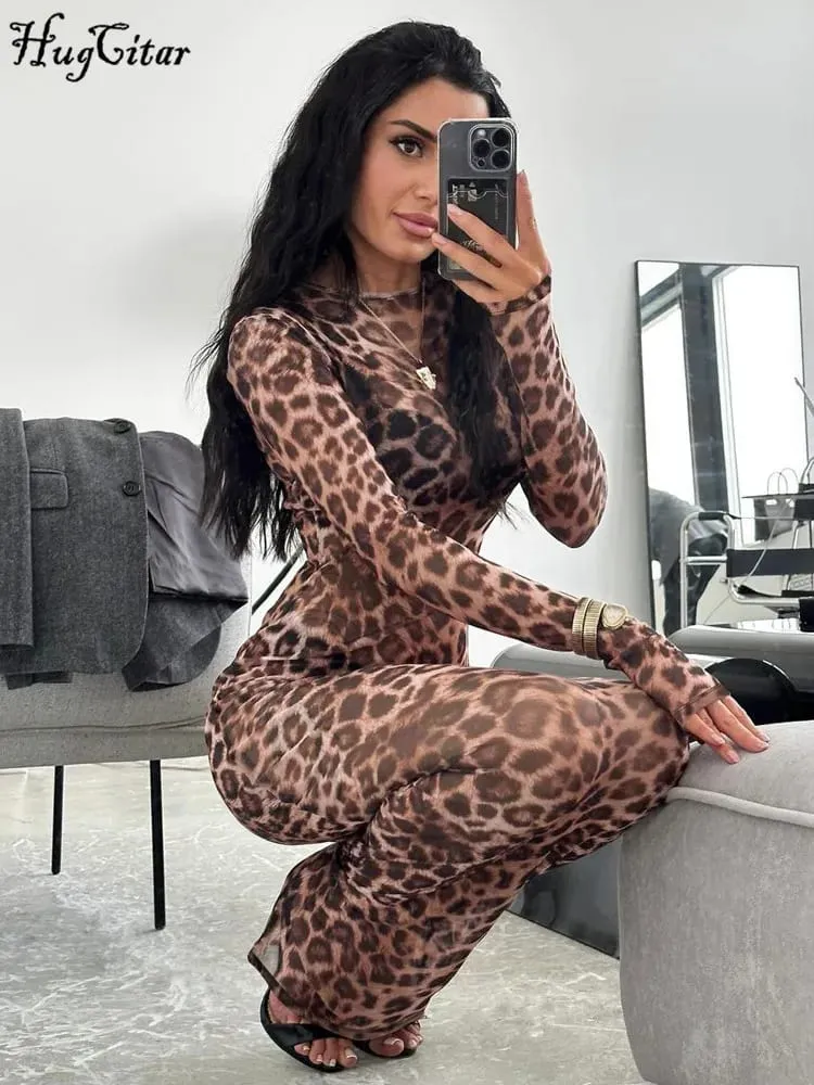 Hugcitar Leopard Print Mesh Long Sleeve Sexy Slim See Through Maxi Dress Fall Women Fashion Outfits Beach Vacation Club — image 3