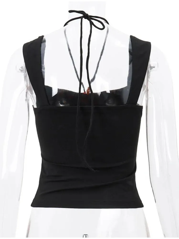Vintage Black Square-neck Halter Tank Top Sexy Slim Pleated Backless Summer Crop Tops 2024 Women Sleeveless Bodycon Vest — image 6