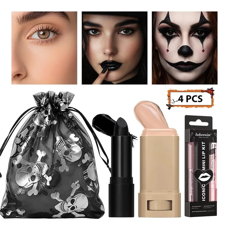 4pcs Halloween Makeup Kit Foundation Stick Black Face Painting Stick Mini Lip Liner Long-Lasting Water-Resistant Party Makeup