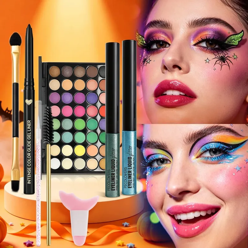 8PCS/SET Halloween Carnival Eye Makeup Bright Color Eyeshadow Palette Sparkle Liquid Eyeliner Eyebrow Pen Eye Brushes