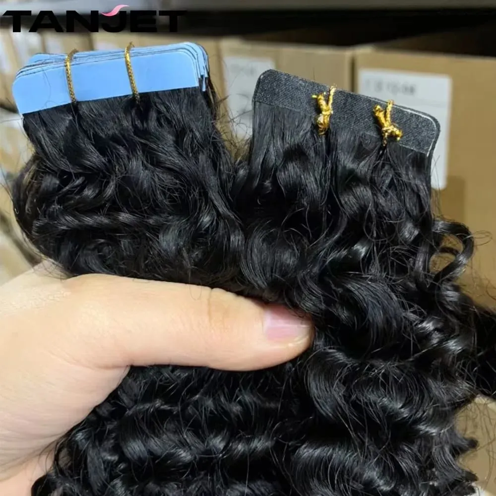 Jet Black Afro Kinky Curly Tape In Human Hair Extensions for Chocolate Women Tape Ins Hair Extension Tape on For Salon 20pcs — image 4