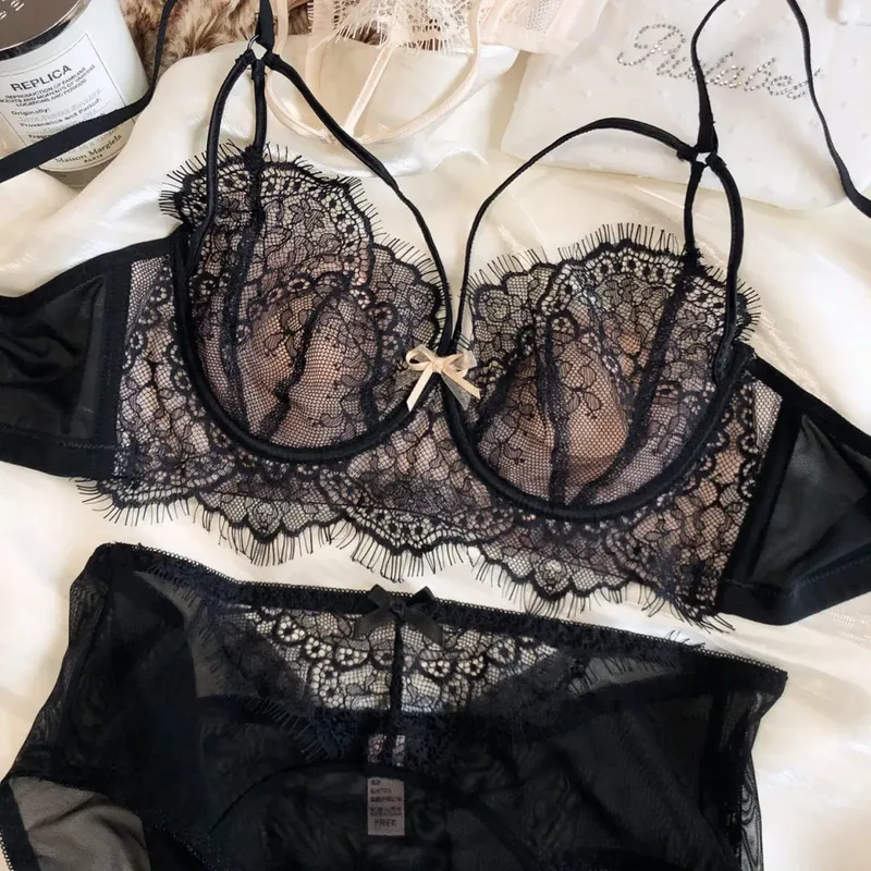 Slip reggiseno sexy vuoti Set francese coppa sottile ricamo biancheria intima da donna senza ferretto imbottitura in bralette Comfort Plus Size Lingerie — image 7