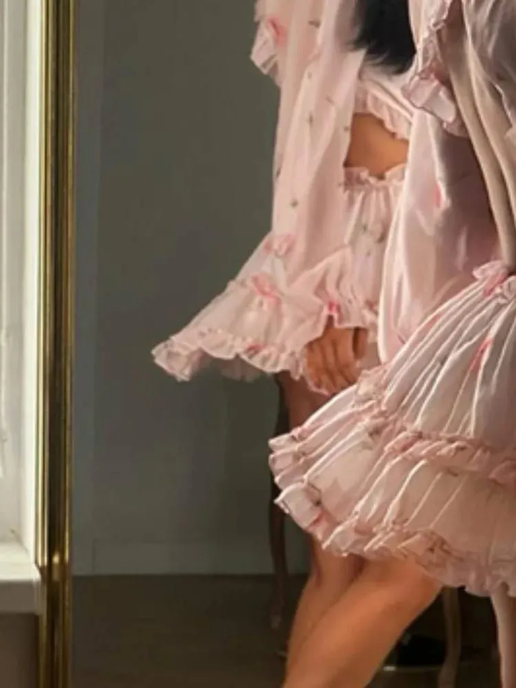 Gaun Mini Punggung Terbuka Motif Bunga Gaun A-line Ruffle Lengan Panjang Leher O Elegan Wanita Gaun Liburan Wanita Chic Musim Panas — image 7
