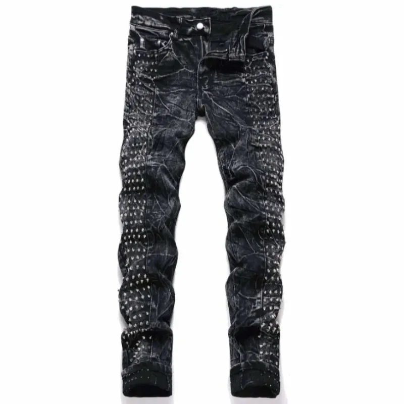 2025 Four Seasonsใหม่Retro Punk High Streetอินเทรนด์สีดำล้างล้าสมัยSlimmingและล้าสมัยเล็บWillowกางเกงยีนส์ผู้ชาย — image 1