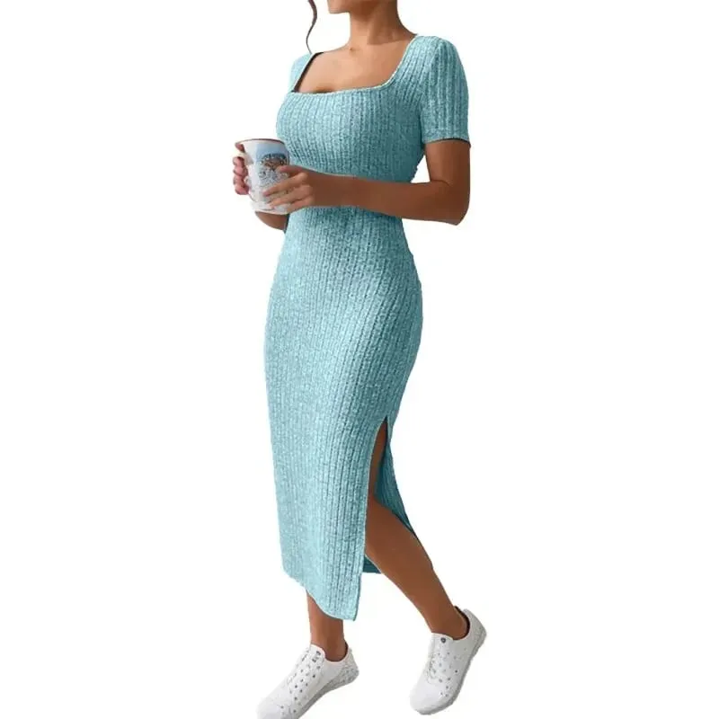 Summer Square Neck Hip-Hugging Mid-Length Skirt Short-Sleeved Versatile Knitted Slit Dress — image 4