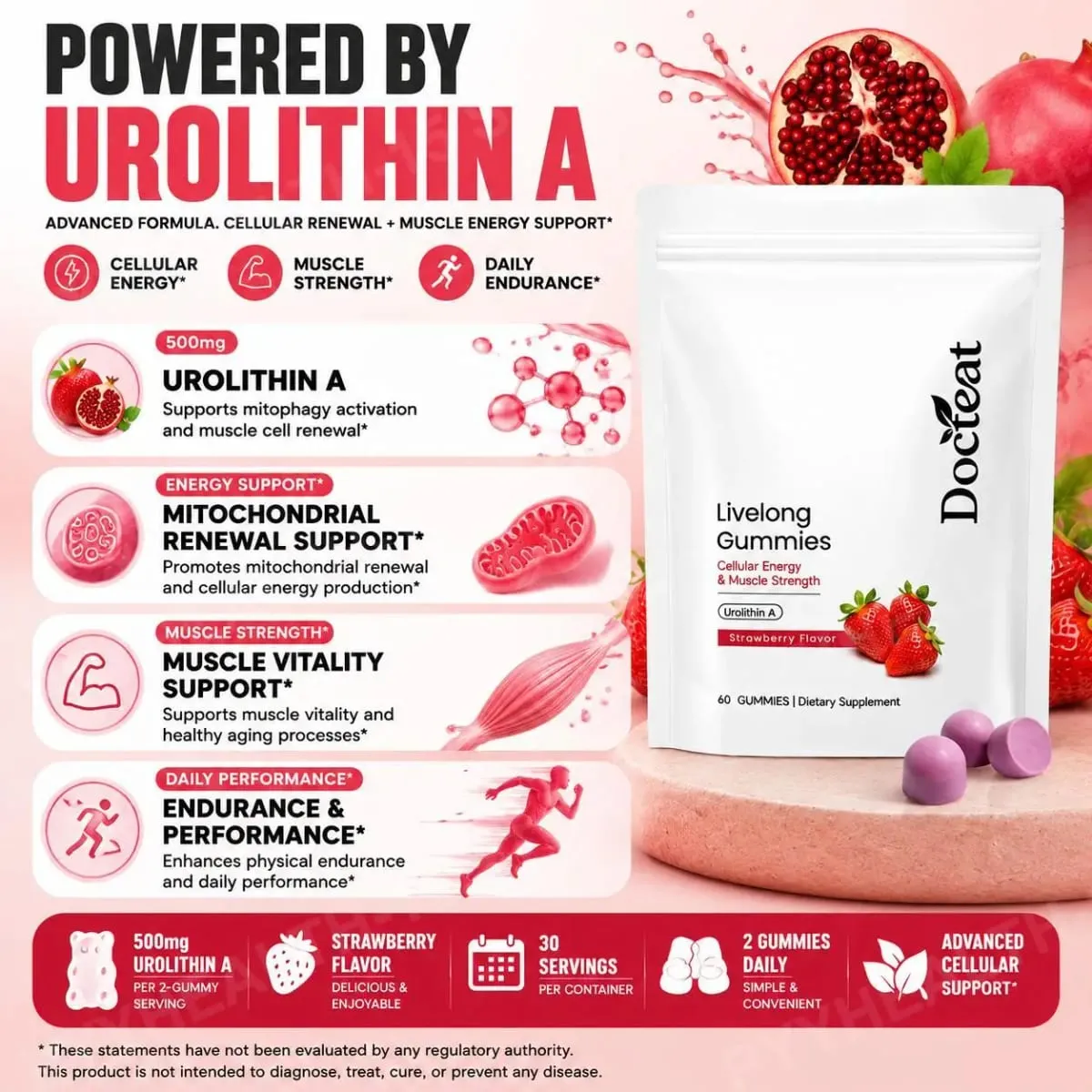 Docteat Urolithin A Gummies 500mg per porzione Gusto Fragola Supporto quotidiano per il benessere cellulare 60 caramelle gommose per uomini donne — image 4