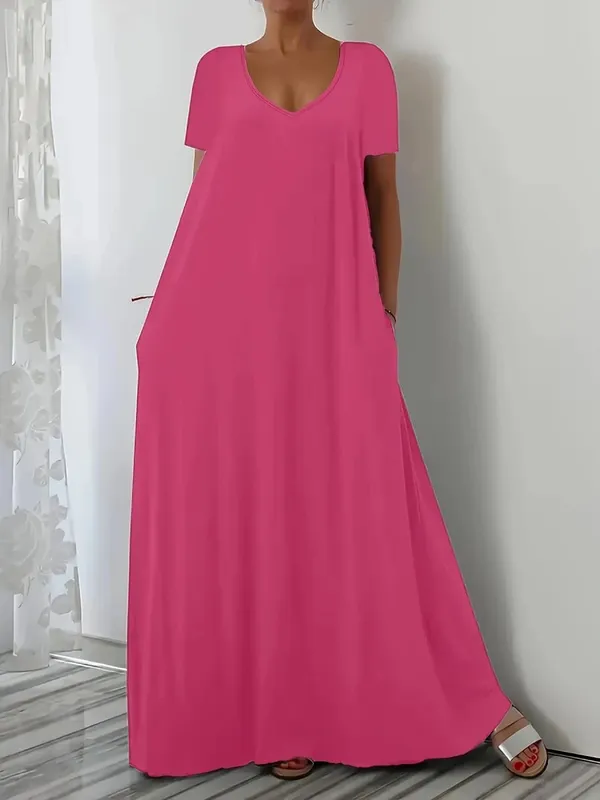 Plus Size Letnia nowa długa spódnica, swobodna, luźna, jednokolorowa sukienka z krótkim rękawem i dekoltem w kształcie litery V, plus size dla kobiet — image 6