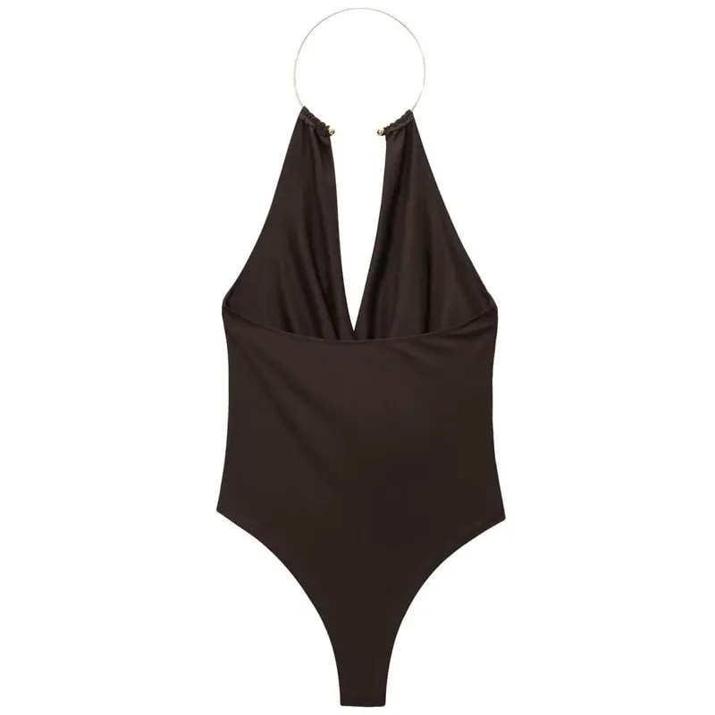 Brown Halter Bodysuit Women Summer Bodys For Sexy Women Off Shoulder Sleeveless Thong Bodysuit With Open Back Rave Bodysuit — image 5