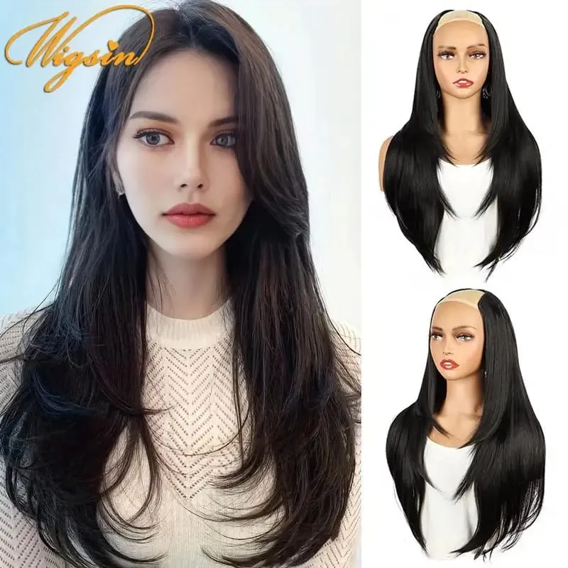 Synthetic 55cm V-shaped Layered 4 Clips Long Straight Hair Extension Natural Invisible Hairpiece Wig for Women — image 2