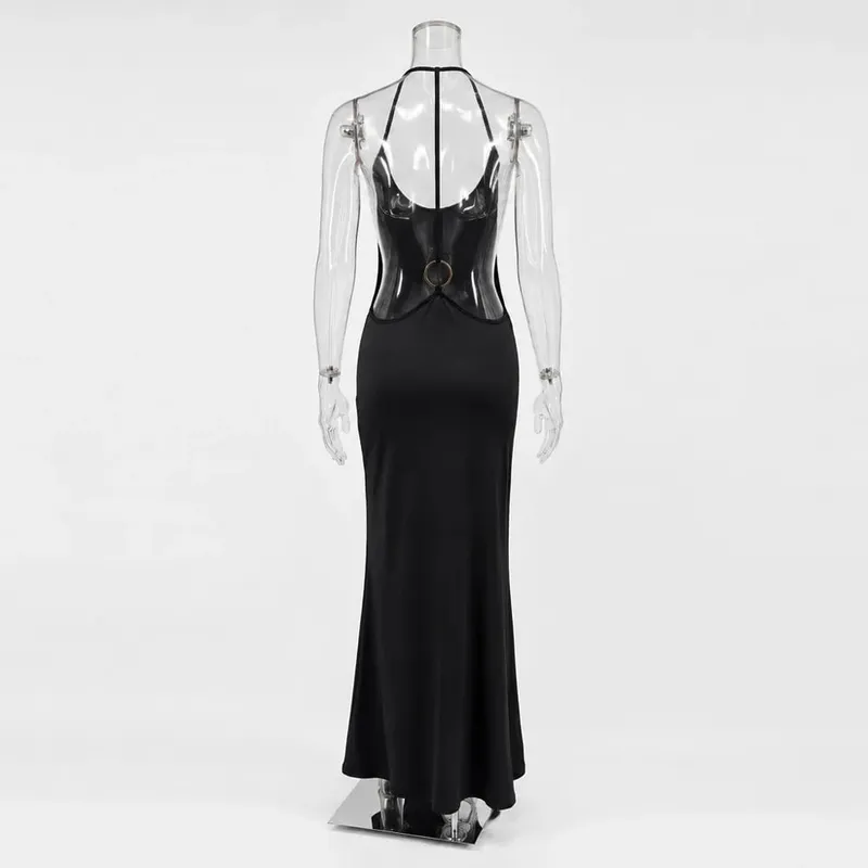 Tossy Damen Neckholder, rückenfrei, figurbetont, Maxikleid, offener Rücken, Spaghettiträger, Goldring, Abendparty, Sommerkleid, Strand, langes Kleid