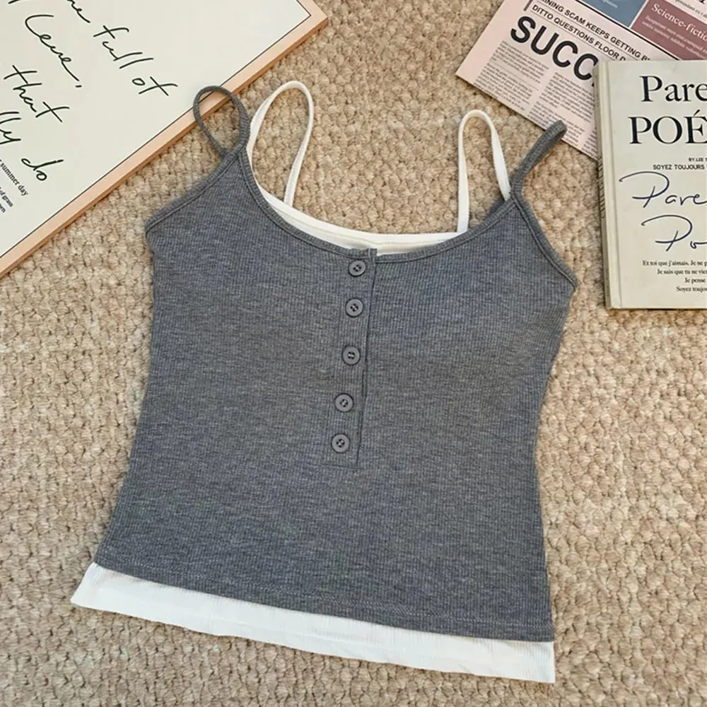 Casual Layered Fake Two-Piece Tank Top Y2K Ribbed Knit Button Cami Slim Fit Sleeveless Vest Top With Chest Pad For Daily Wear — image 11