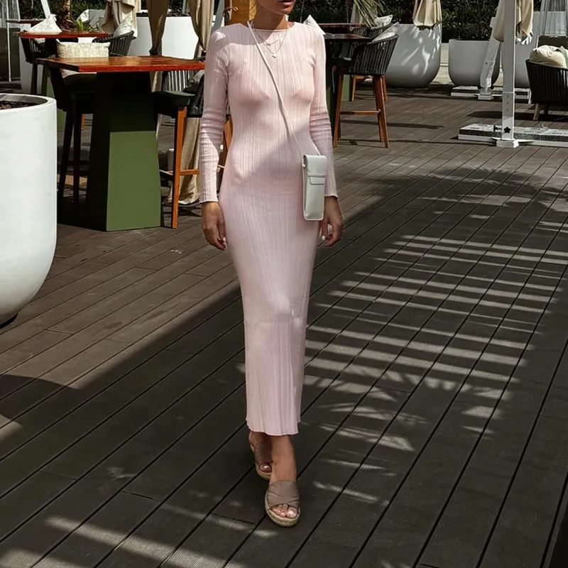 Women Spring Autumn Solid Color Bodycon Knit Dress Long Sleeve Crew Neck Ribbed Dress Slim Fit Long Dress — image 13