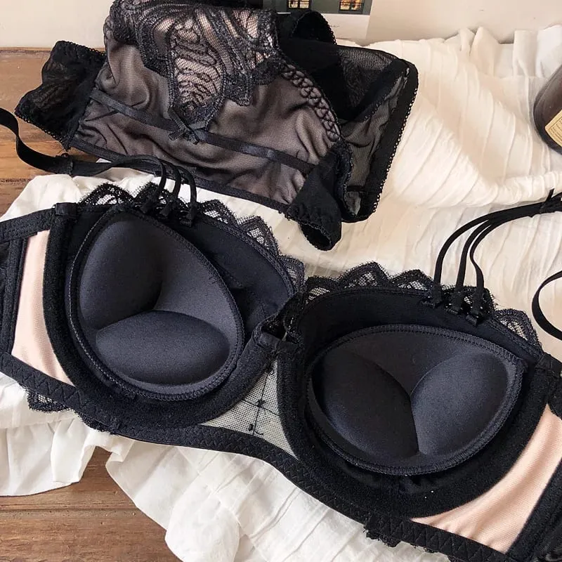 Sexy Embroidery Lace Shell Half Cup Small Breasts Push Up Bra Set Thicken Adjustable Pad Brassiere Panties Girls Underwear — image 4