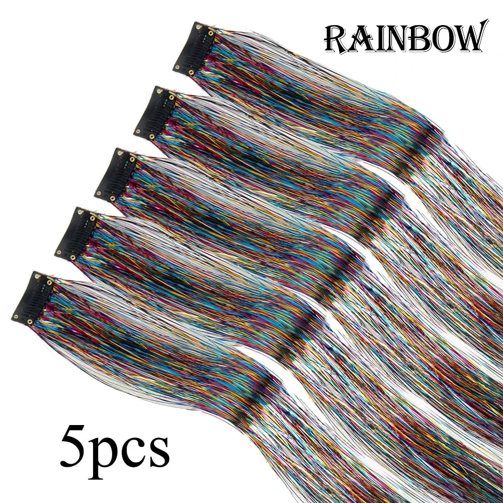 Wholesale 5Pcs/Pack Sparkling Shiny Hair Extensions Clip In Sparkle Shiny Hair Tinsel Rainbow Shiny Sparkle Hair Tinsel Pink/Red