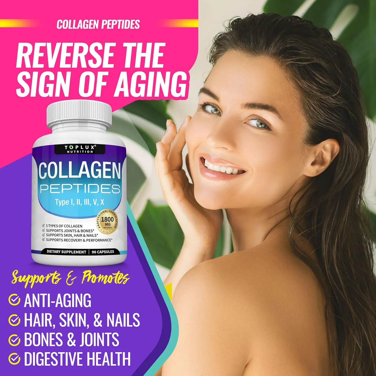 Cápsulas de péptidos de colágeno múltiple 1800 mg - Las píldoras complejas de colágeno de proteína hidrolizada promueven la piel y las articulaciones del cabello para hombres y mujeres — image 3