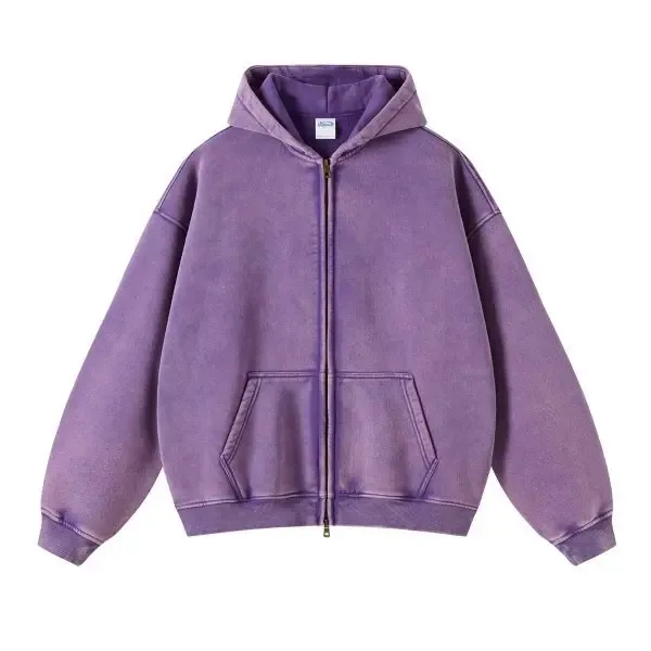 Spring Autumn New Fahsion Men's Casual Trendy Loose Solid Color Waxed Hooded Hoodies American Zipper Washed Vintage Coat Male — image 4