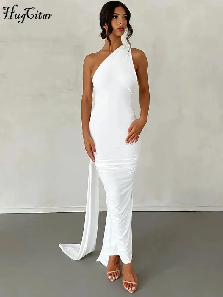 Hugcitar One Shoulder Backless Adjustable Scarf Loop Ruched Sexy Maxi Dress Women Elegant Y2K Streetwear Festival Outfit — image 4