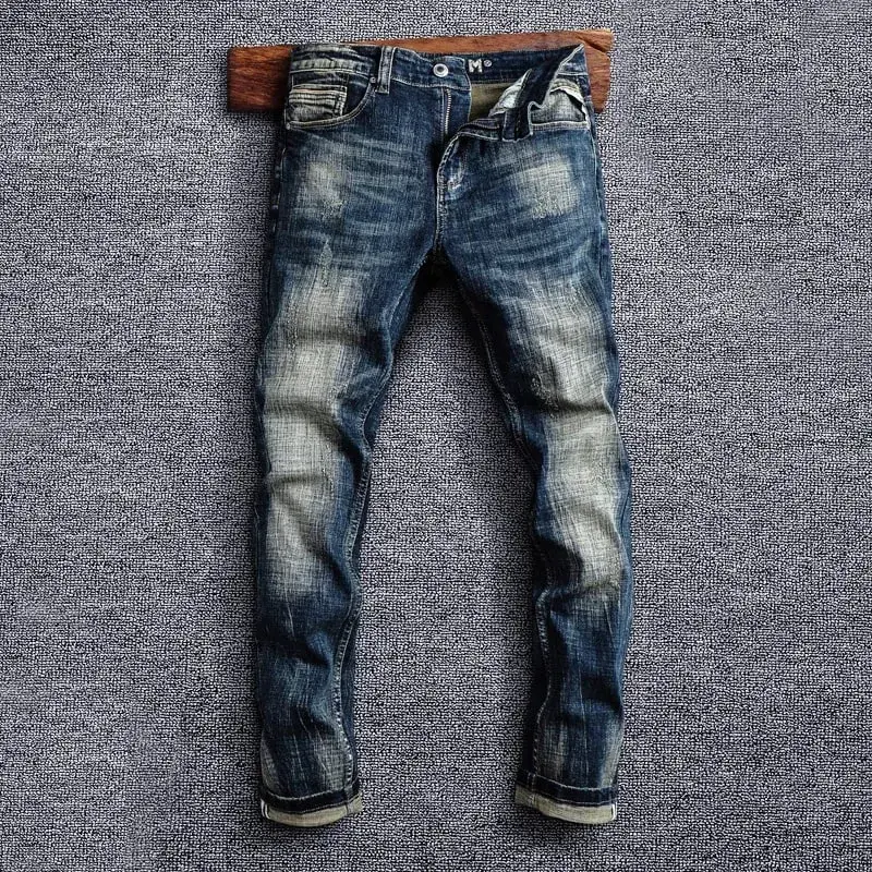Italian Style Fashion Men Jeans Retro Black Blue Elastic Slim Fit Ripped Jeans Men Trousers Vintage Designer Casual Denim Pants — image 3