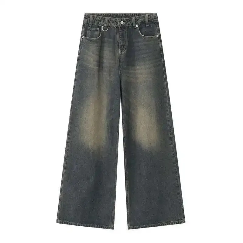 Vintage Camouflage Men's Jeans Fashion Washed Casual Wide Leg Denim Pants Autumn Winter Loose Male Trousers Old Blue 9C354