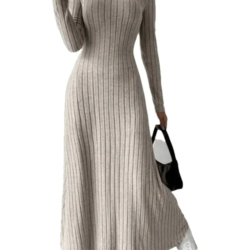 Fashionable Knitted Long Sleeve A-Line Dress Slim Fit Solid Color Street Style Women's Dress Comfortable Casual Elegant Commute — image 6
