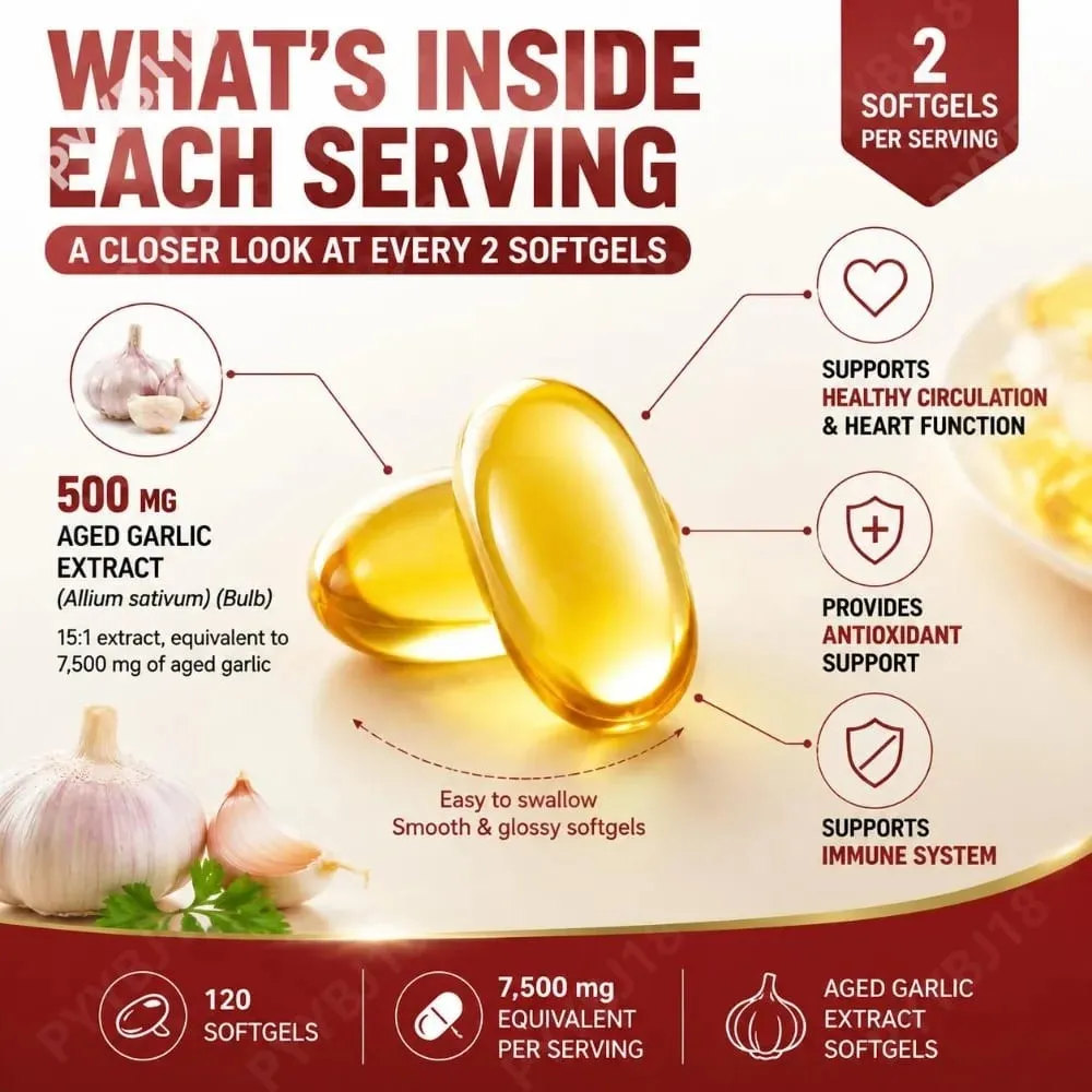 Aged Garlic Extract Softgels 7500mg Equivalent per Serving for Circulation & Heart Function Antioxidant & Immune Support 120Ct