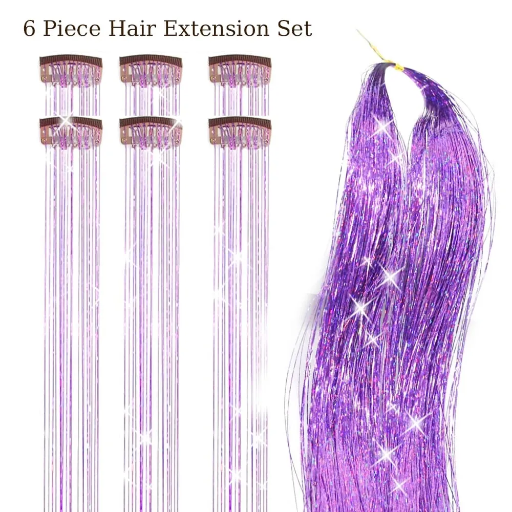 Balení 6ks Clip In Tinsel do vlasů 20palcový barevný třpytivý Tinsel Prodlužování vlasů Festivalový dárek Tinsel Fairy Hairpiece