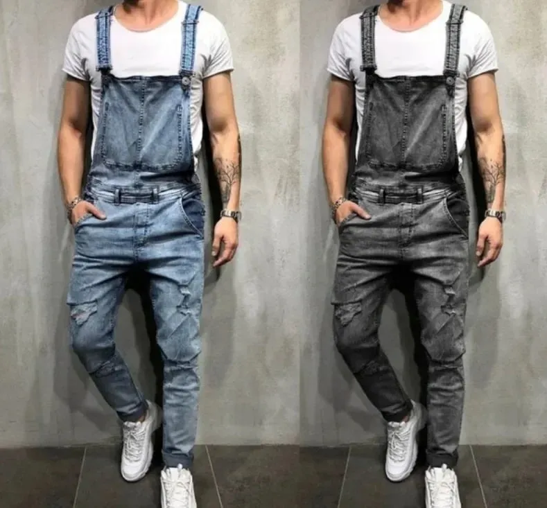 Men Jeans Jumpsuits Denim Overalls Distressed Pockets One Piece Pencil Pants Solid Washed Ankle Length Safari Style Spliced — image 4