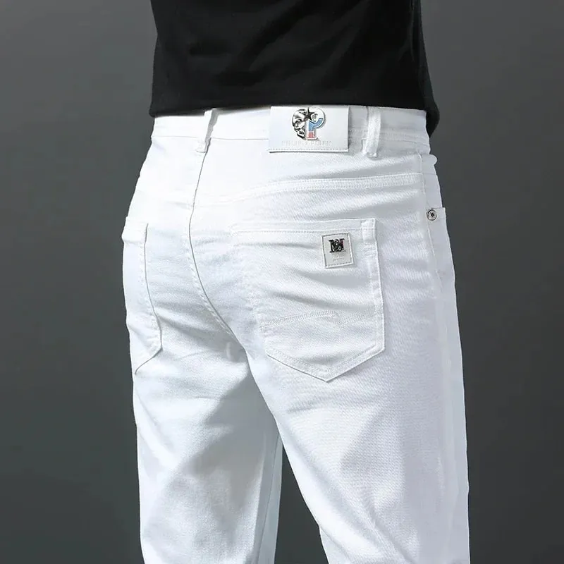 2026 Spring New Men Slim Jeans 98% Cotton White Stretch Straight Casual Fashion Pencil Pants High Quality Trousers Male Clothes — image 1