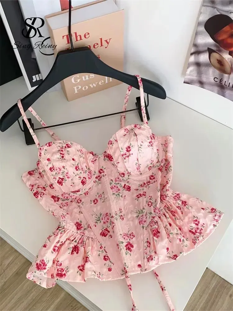 French Corset Print Beach Tank Top Female Strap Irregular Slim Hotsweet Camis Streetwear Vacation Bohe Sexy MIni Top