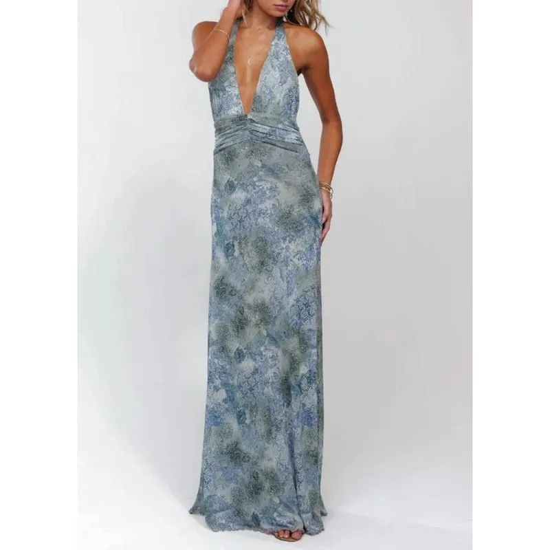 Combhasaki Women Summer Sleeveless Tie-up Halter Deep V-Neck Backless Flower/Dots Print Ruffle Hem Mesh Ruched A-line Long Dress — image 8