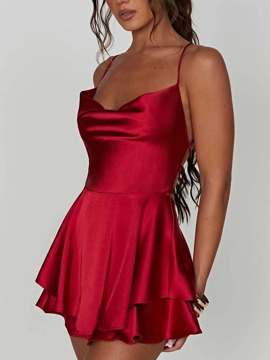 Satin soie femmes Sexy Cami combishorts robe solide col bénitier sans manches combinaisons courtes été croix cravate dos nu barboteuse — image 5